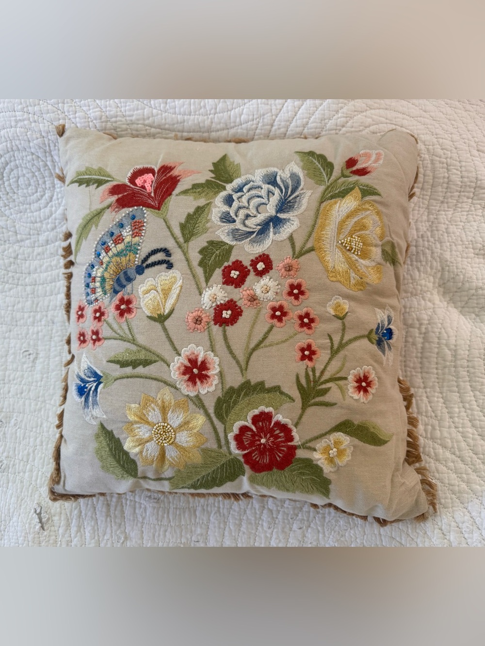 Pier 1 Floral Embroidered Flower Beaded Butterfly Pillow